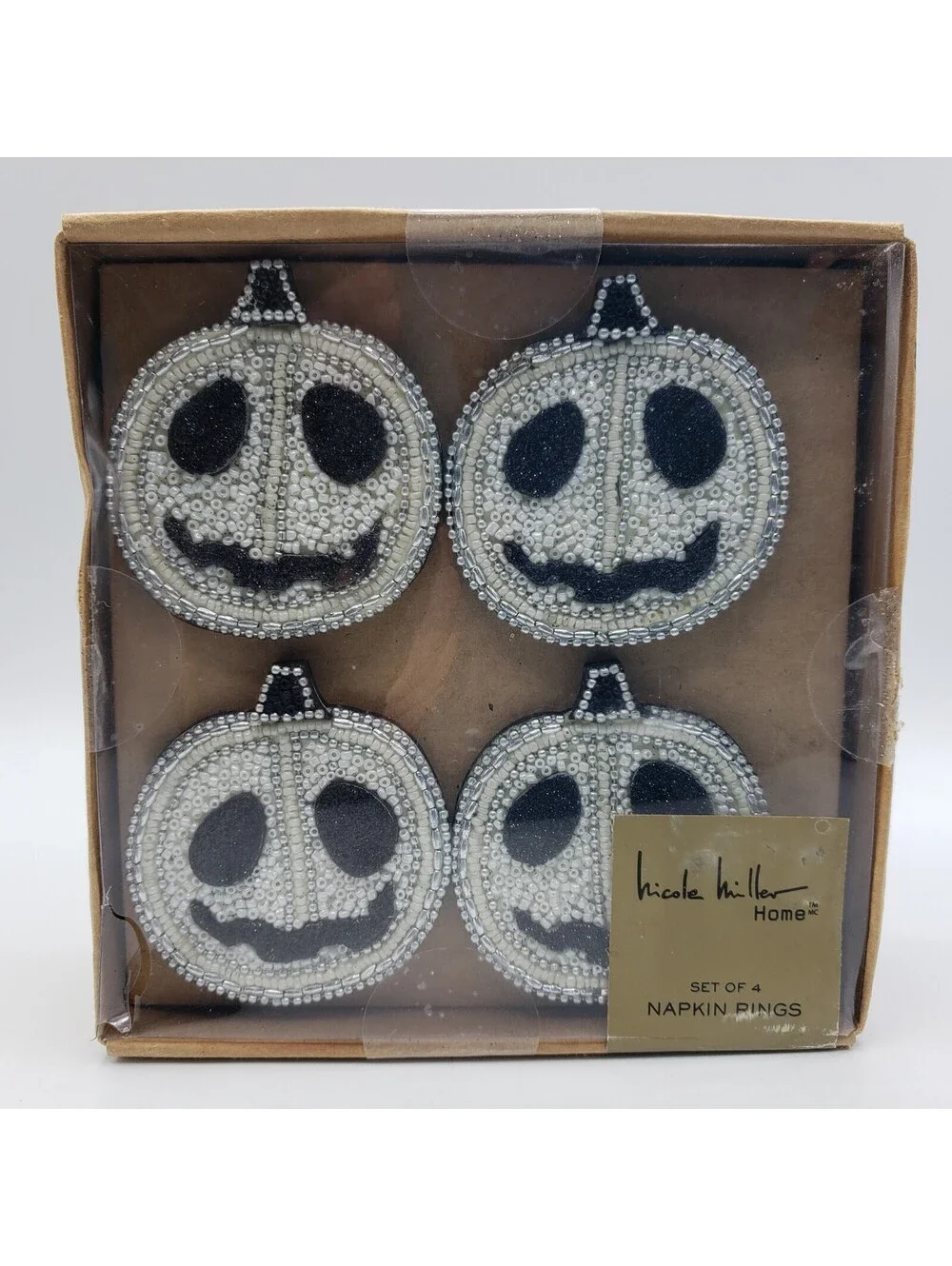 Nicole Miller Home New Pumpkin Head Napkin Ring Holders 4 White Black NIB
